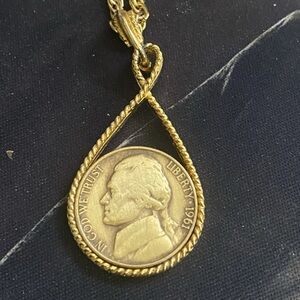 Vintage Necklace 1961 Jefferson Nickel Goldtone Pendant Chain 23"